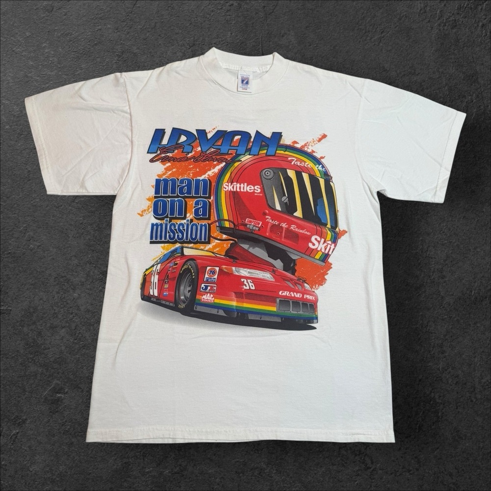 Vintage 1998 Logo 7 Ernie Irvan Skittles #36 Man on a Mission NASCAR Shirt L
